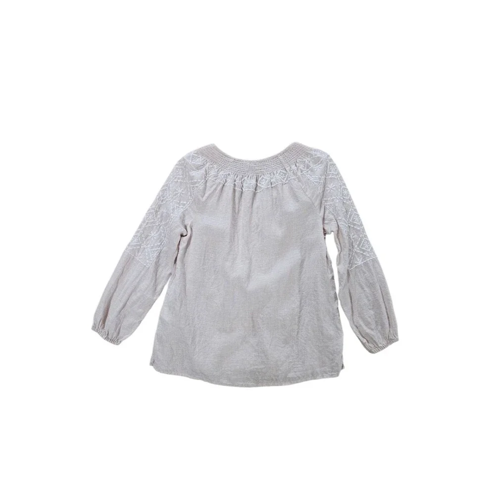 100% LINEN Embroidered Blouse Tassel Top Coastal Grandmother Boho S